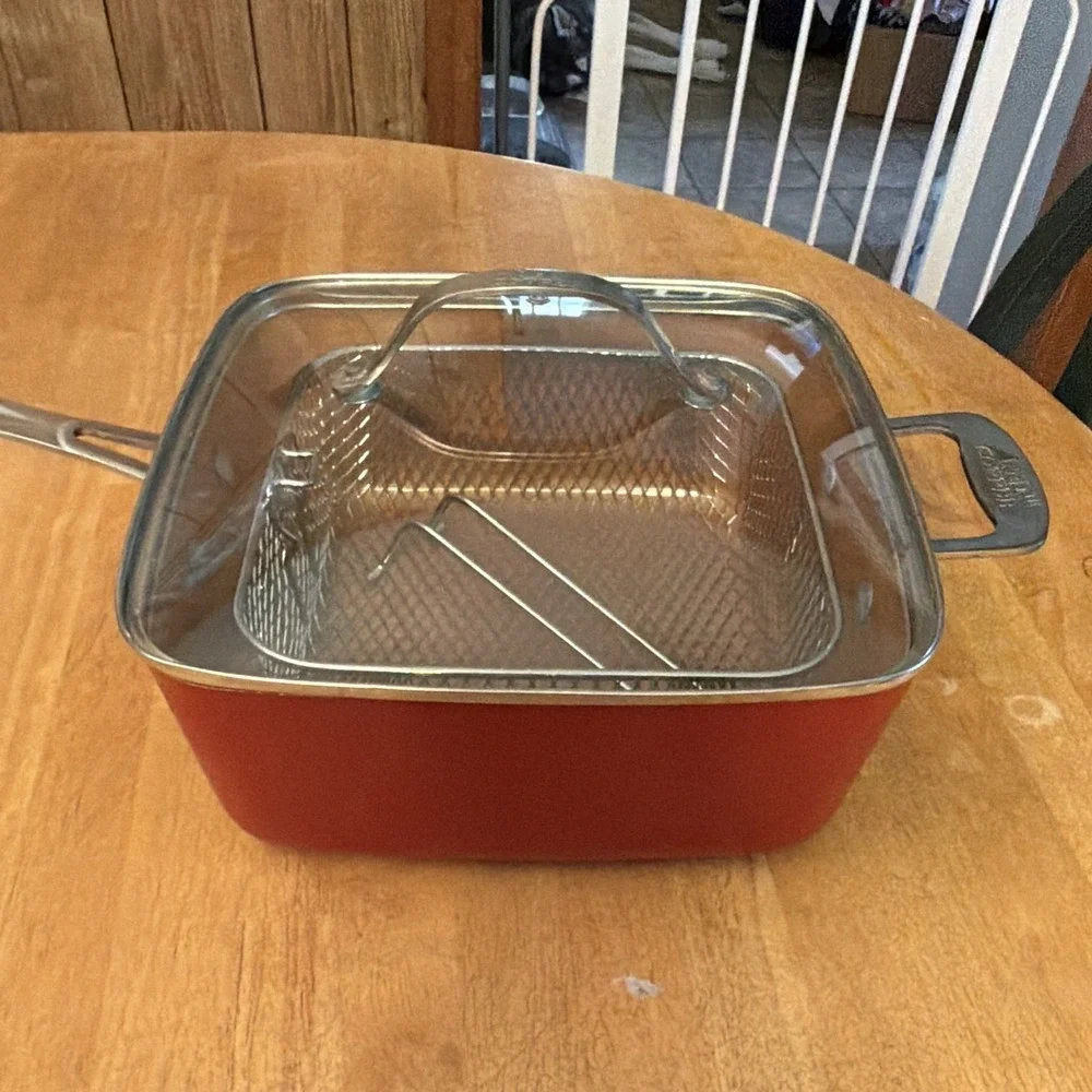 Red Copper Square Non-Stick Frying Pan Set w/ Lid & Fryer Basket, 3pc